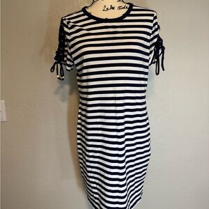 MICHAEL Michael Kors Black & White Striped Lace-Up Sleeve Midi Dress